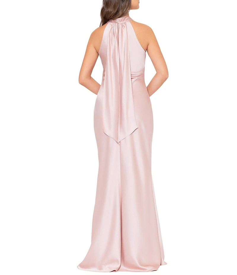 Xscape Satin Cross Front Halter Neck Sleeveless Tie Back Gown
