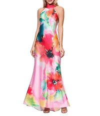 Xscape Satin Flower Print Halter Bow Tie Neckline Sleeveless Sheath Long Dress