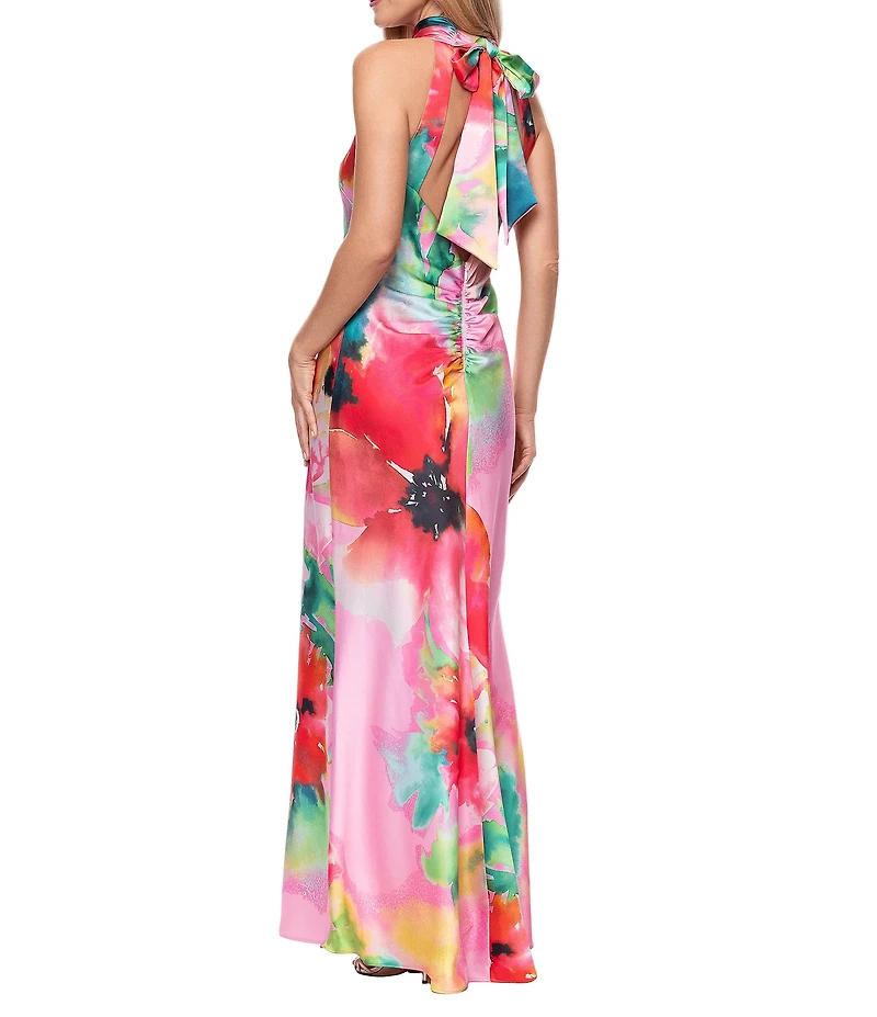 Xscape Satin Flower Print Halter Bow Tie Neckline Sleeveless Sheath Long Dress