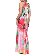 Xscape Satin Flower Print Halter Bow Tie Neckline Sleeveless Sheath Long Dress