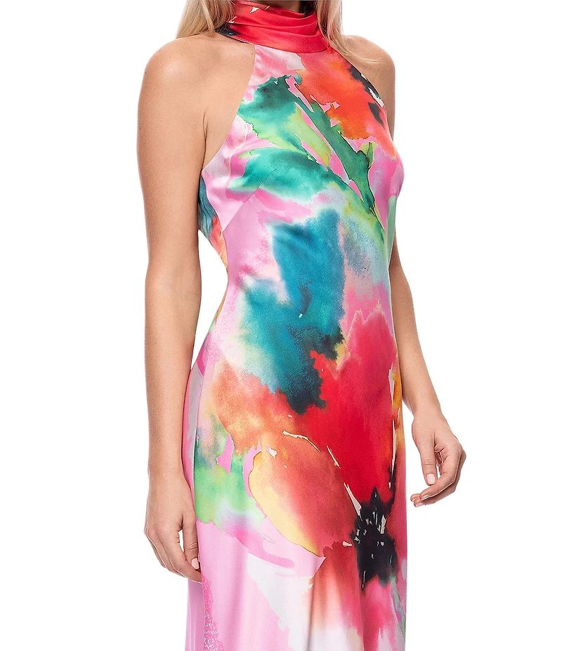 Xscape Satin Flower Print Halter Bow Tie Neckline Sleeveless Sheath Long Dress