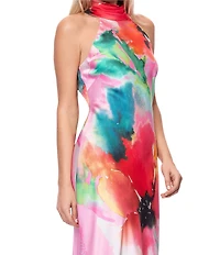 Xscape Satin Flower Print Halter Bow Tie Neckline Sleeveless Sheath Long Dress