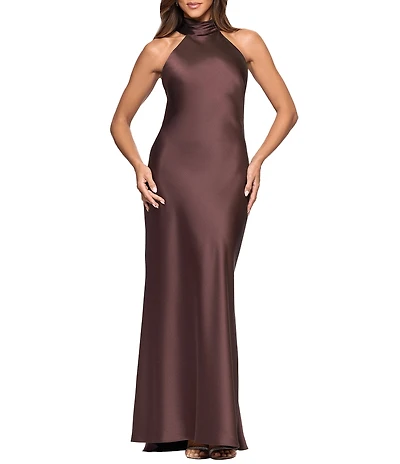Xscape Satin Halter Bow Tie Back Sleeveless Sheath Gown