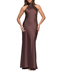 Xscape Satin Halter Bow Tie Back Sleeveless Sheath Gown