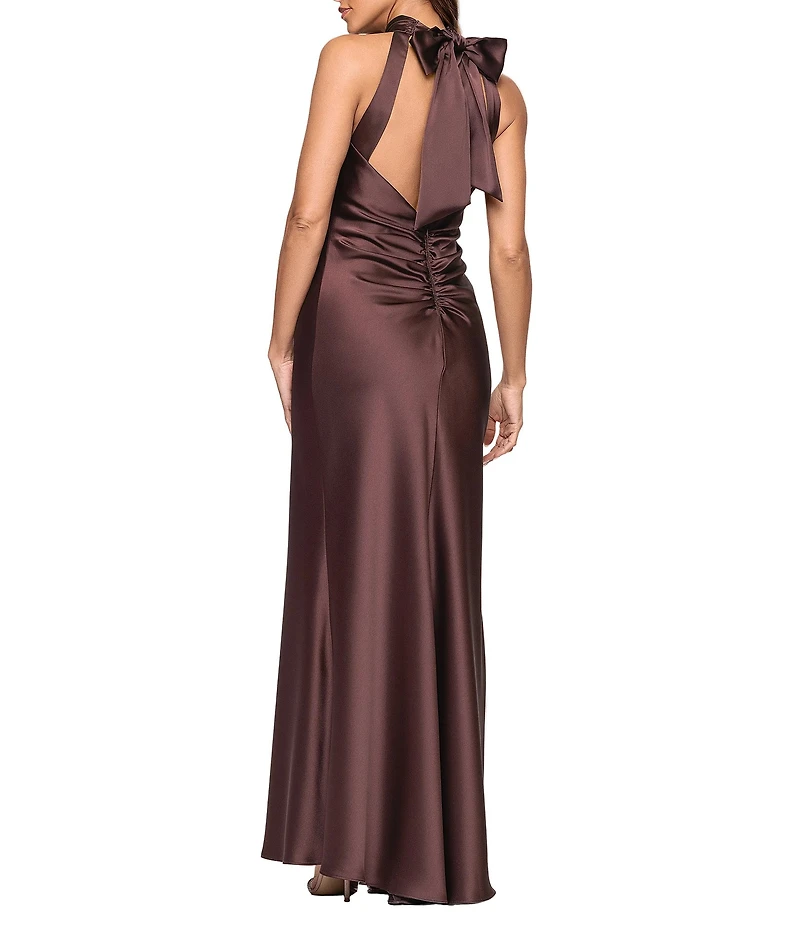 Xscape Satin Halter Bow Tie Back Sleeveless Sheath Gown