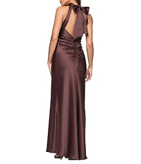 Xscape Satin Halter Bow Tie Back Sleeveless Sheath Gown