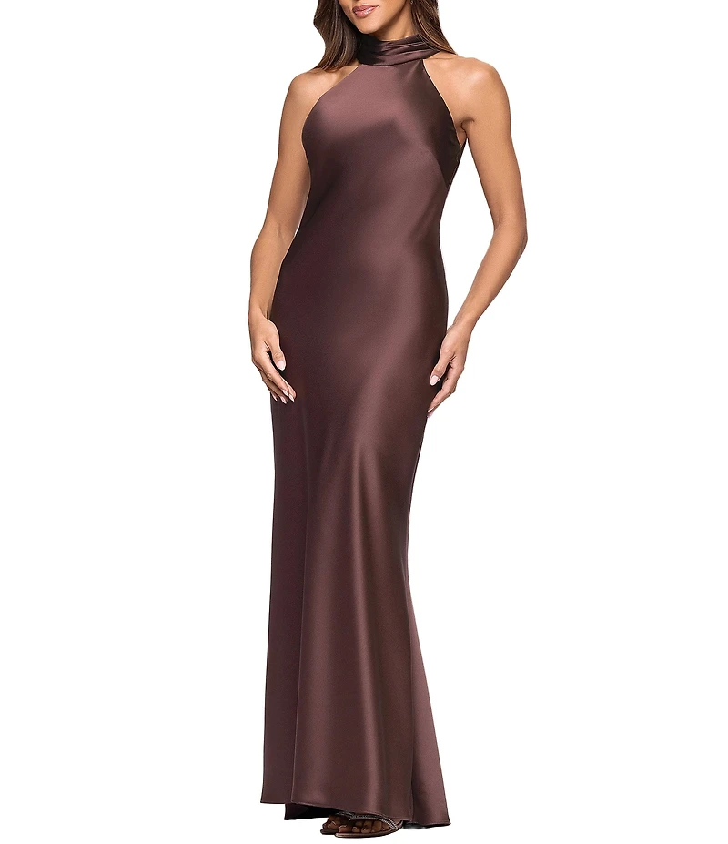 Xscape Satin Halter Bow Tie Back Sleeveless Sheath Gown