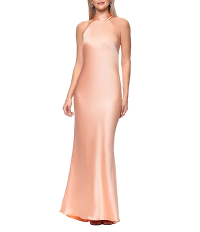 Xscape Satin Halter Bow Tie Back Sleeveless Sheath Gown