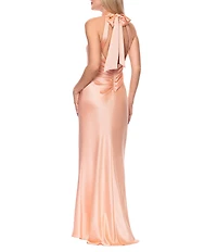 Xscape Satin Halter Bow Tie Back Sleeveless Sheath Gown