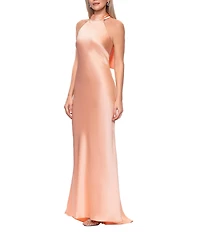 Xscape Satin Halter Bow Tie Back Sleeveless Sheath Gown
