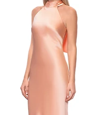 Xscape Satin Halter Bow Tie Back Sleeveless Sheath Gown