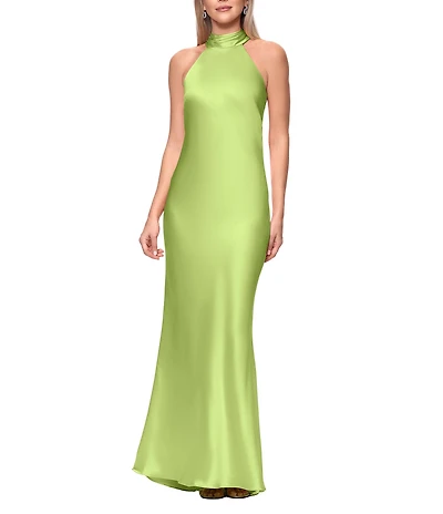 Xscape Satin Halter Bow Tie Back Sleeveless Sheath Gown