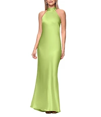 Xscape Satin Halter Bow Tie Back Sleeveless Sheath Gown