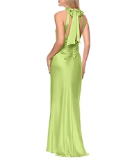 Xscape Satin Halter Bow Tie Back Sleeveless Sheath Gown