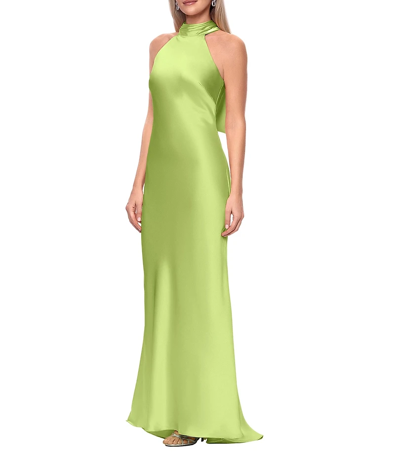 Xscape Satin Halter Bow Tie Back Sleeveless Sheath Gown