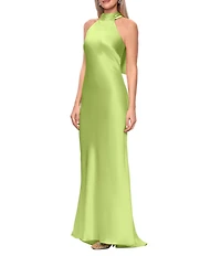 Xscape Satin Halter Bow Tie Back Sleeveless Sheath Gown