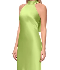 Xscape Satin Halter Bow Tie Back Sleeveless Sheath Gown