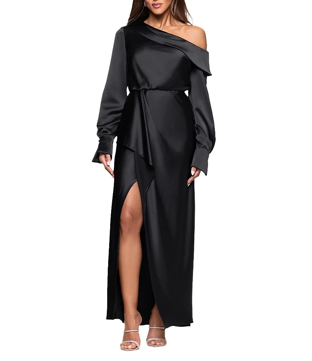 Xscape Satin One Shoulder Long Sleeve Dress With Front Ruffle