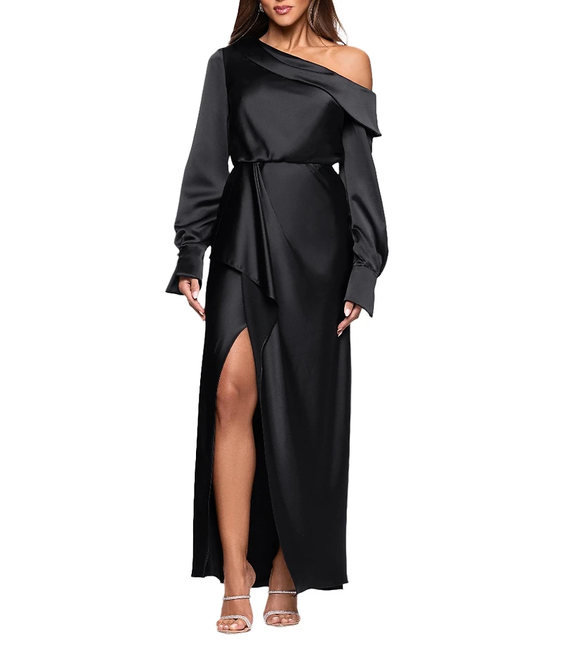 Xscape Satin One Shoulder Long Sleeve Dress With Front Ruffle