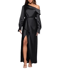 Xscape Satin One Shoulder Long Sleeve Dress With Front Ruffle