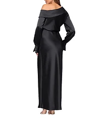 Xscape Satin One Shoulder Long Sleeve Dress With Front Ruffle