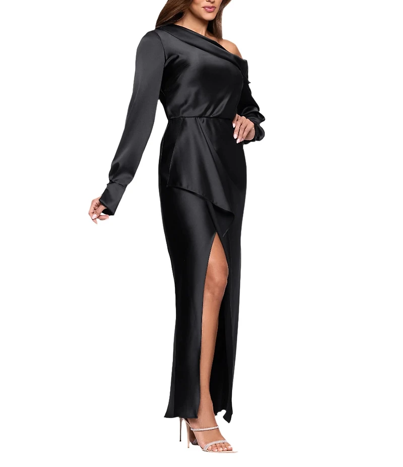 Xscape Satin One Shoulder Long Sleeve Dress With Front Ruffle
