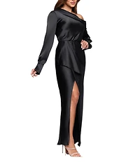 Xscape Satin One Shoulder Long Sleeve Dress With Front Ruffle
