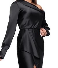 Xscape Satin One Shoulder Long Sleeve Dress With Front Ruffle