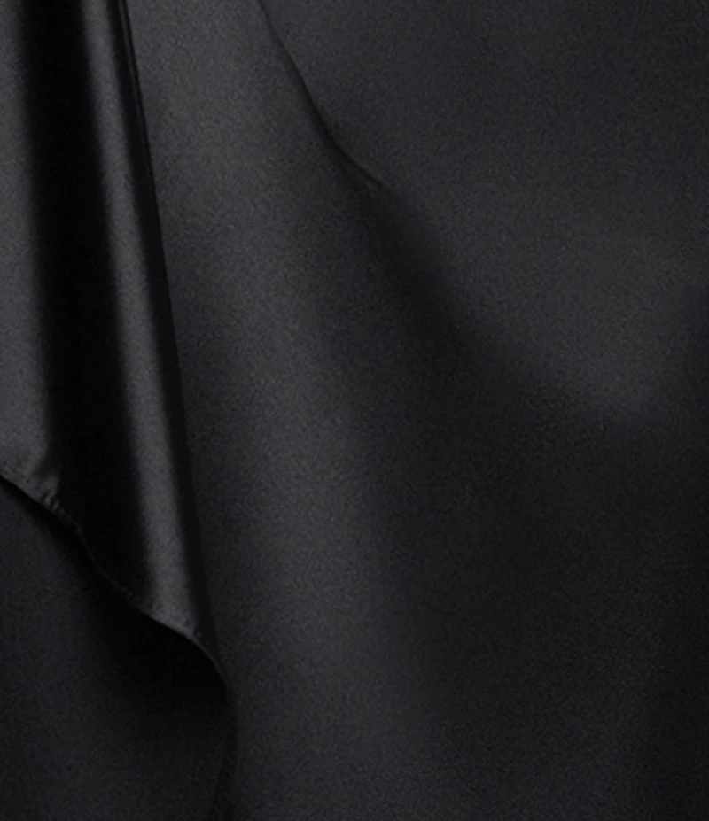 Xscape Satin One Shoulder Long Sleeve Dress With Front Ruffle
