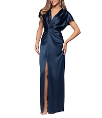 Xscape Satin V-Neck Short Sleeve Twist Front A-Line Gown