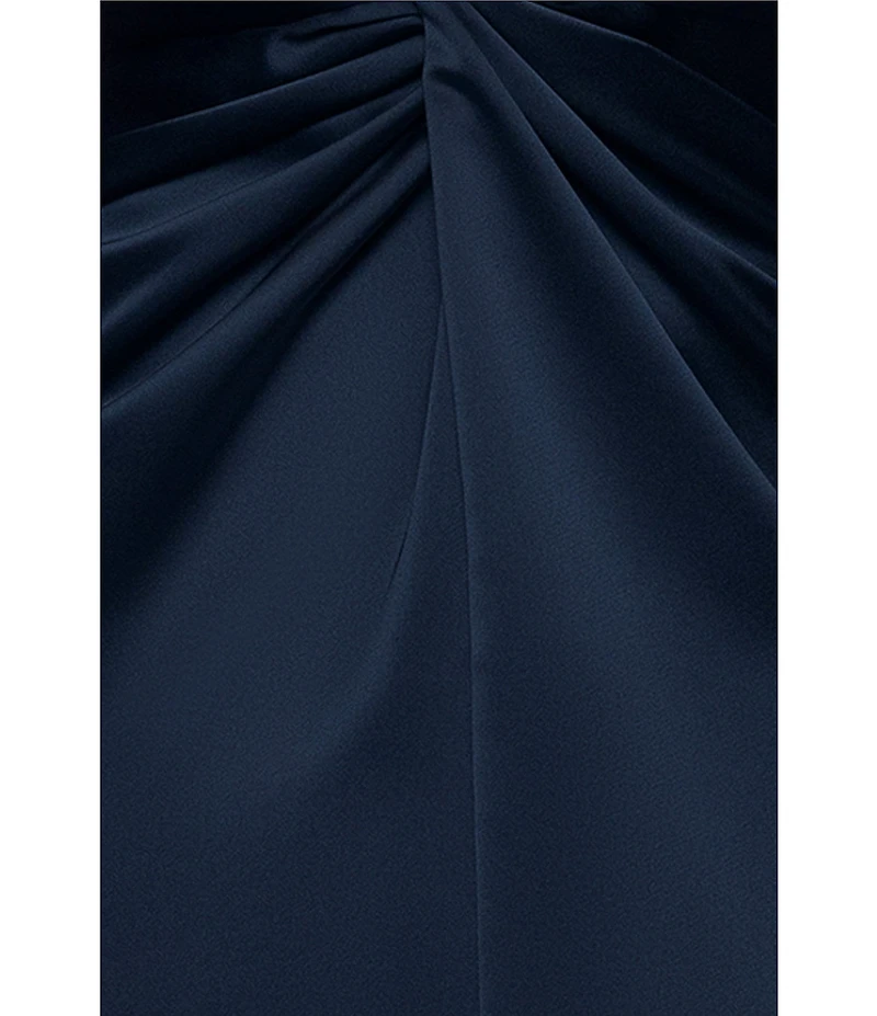 Xscape Satin V-Neck Short Sleeve Twist Front A-Line Gown