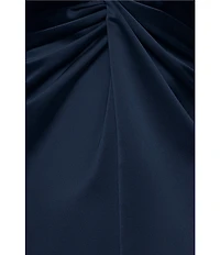 Xscape Satin V-Neck Short Sleeve Twist Front A-Line Gown