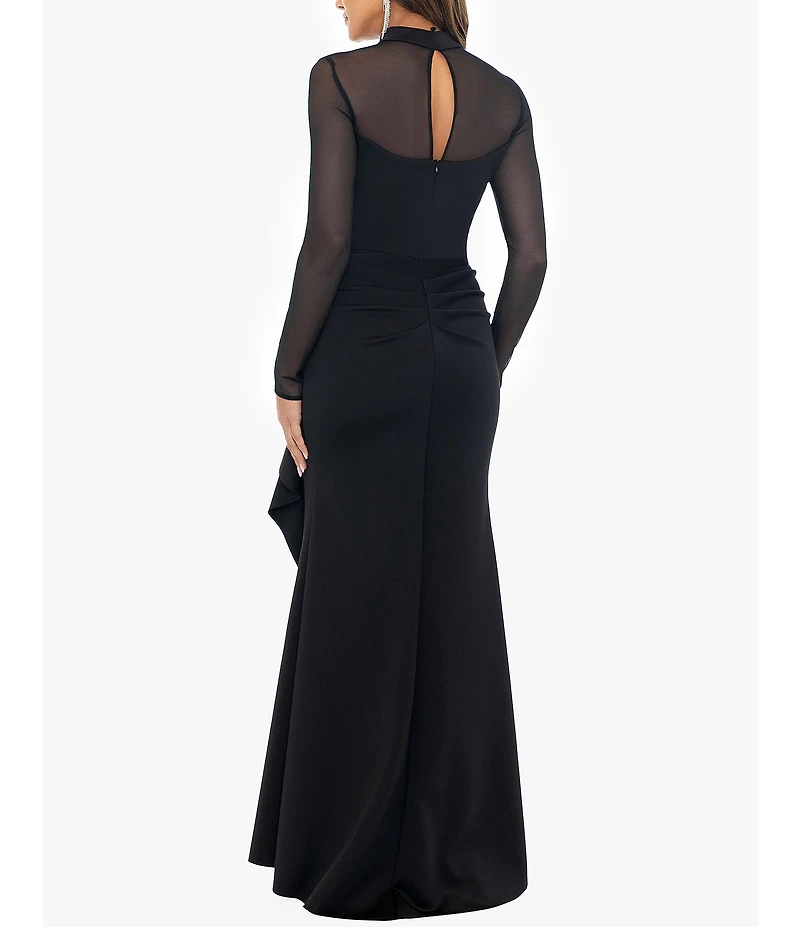 Xscape Scuba Crepe Mock Neck Illusion Sleeve Ruffle Front Gown