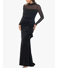 Xscape Scuba Crepe Mock Neck Illusion Sleeve Ruffle Front Gown