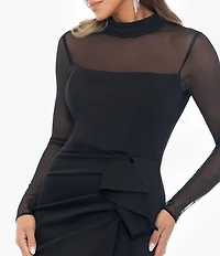 Xscape Scuba Crepe Mock Neck Illusion Sleeve Ruffle Front Gown