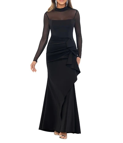 Xscape Scuba Crepe Mock Neck Illusion Sleeve Ruffle Front Gown
