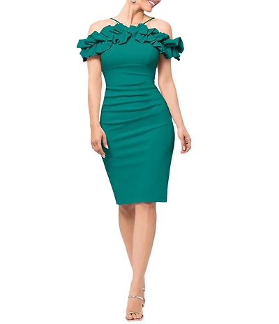Xscape Scuba Crepe Off The Shoulder Halter Neck Ruffle Trim Pleated Dress