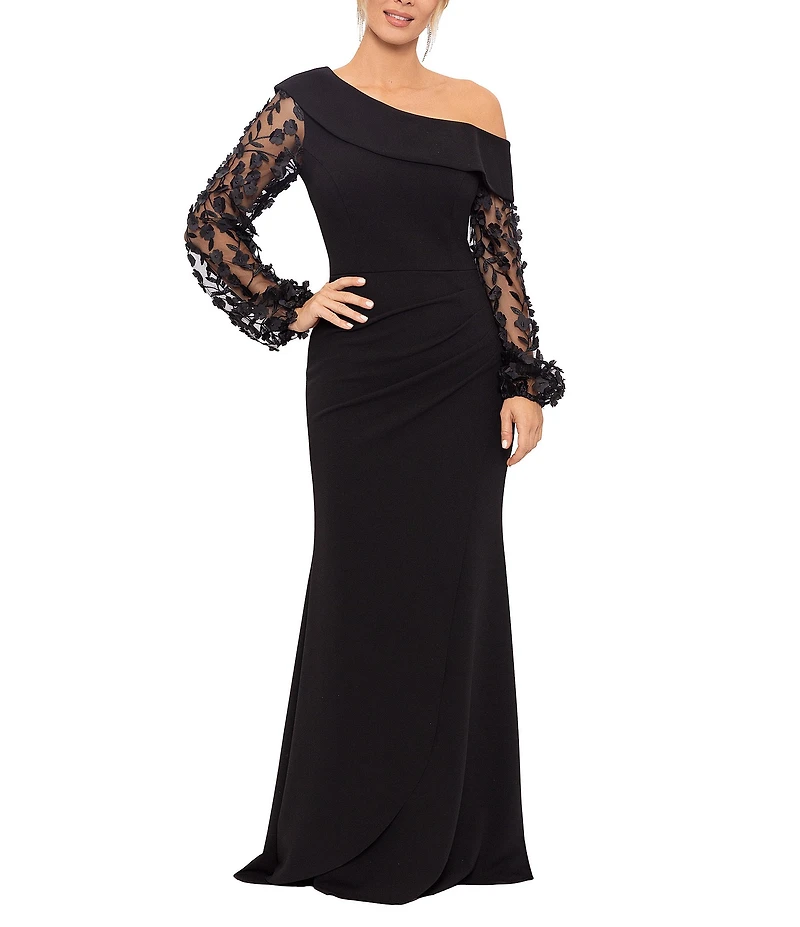 Xscape Scuba Crepe One Shoulder Long 3D Floral Sleeve Gown