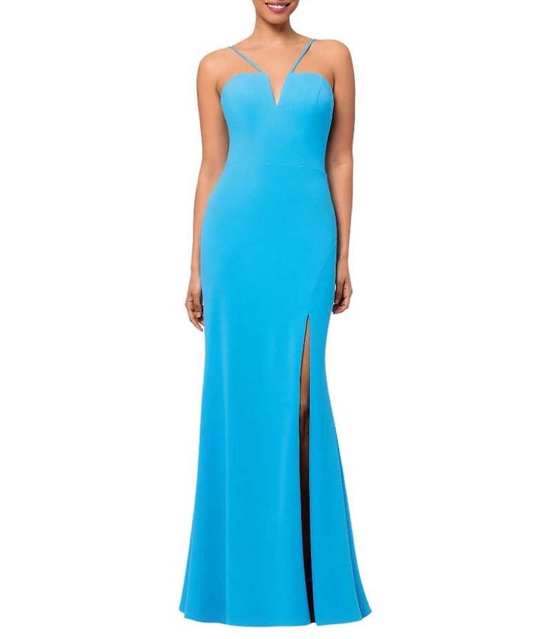 Xscape Scuba Crepe Split V Neck Sleeveless Sheath Gown