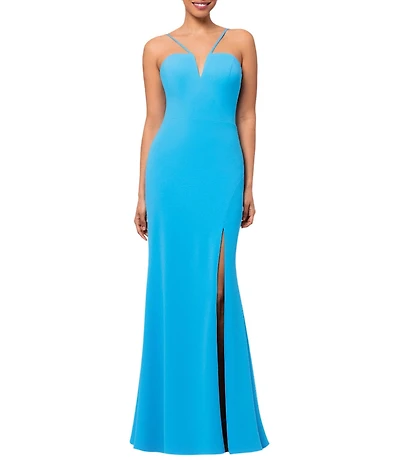 Xscape Scuba Crepe Split V Neck Sleeveless Sheath Gown