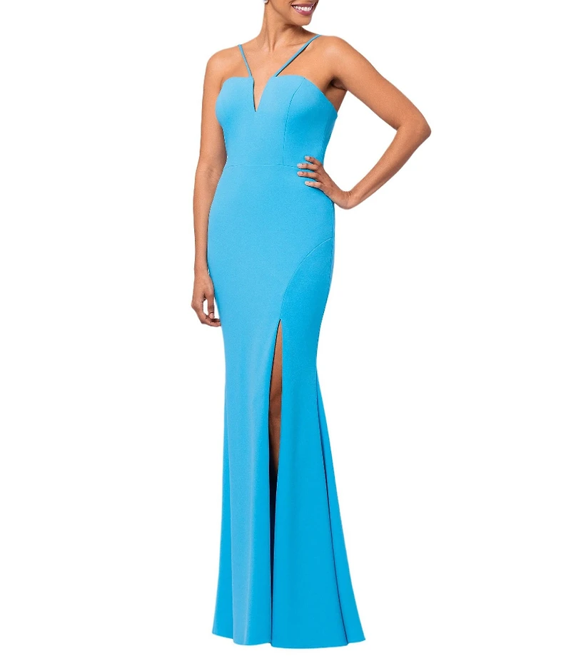 Xscape Scuba Crepe Split V Neck Sleeveless Sheath Gown