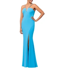 Xscape Scuba Crepe Split V Neck Sleeveless Sheath Gown