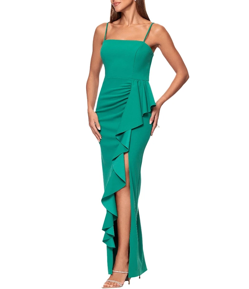 Xscape Scuba Crepe Square Neck Sleeveless Ruffle Sheath Gown