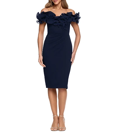 Xscape Scuba Crepe V-Neck Sleeveless Wire Ruffle Trim Ruched Back Dress