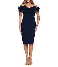 Xscape Scuba Crepe V-Neck Sleeveless Wire Ruffle Trim Ruched Back Dress