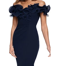 Xscape Scuba Crepe V-Neck Sleeveless Wire Ruffle Trim Ruched Back Dress