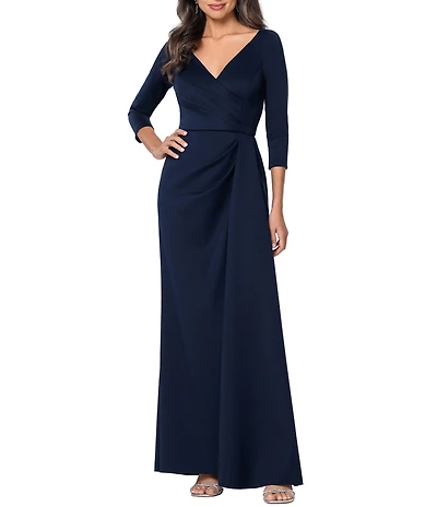 Xscape Scuba Long Sleeve V Neck Gown