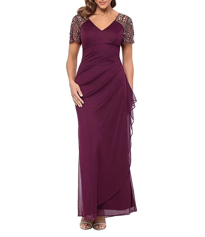 Xscape Short Beaded Sheer Flutter Sleeve Cascading Draped Waist V-Neck Beaded Gown