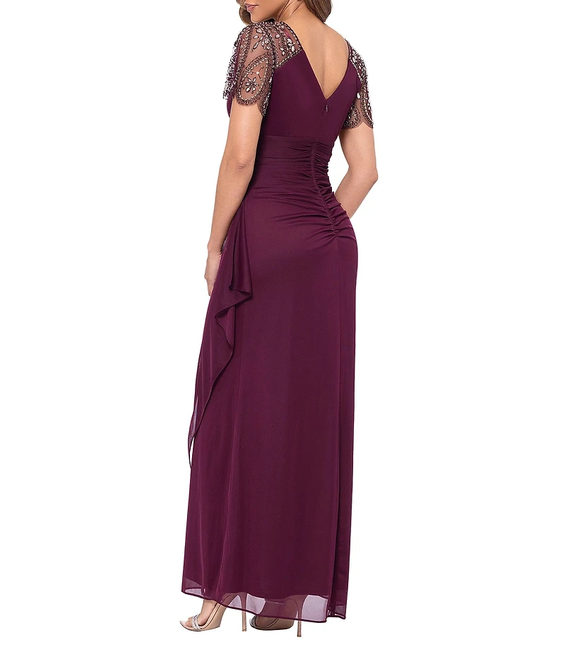 Xscape Short Beaded Sheer Flutter Sleeve Cascading Draped Waist V-Neck Beaded Gown