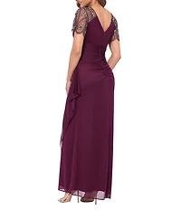 Xscape Short Beaded Sheer Flutter Sleeve Cascading Draped Waist V-Neck Beaded Gown
